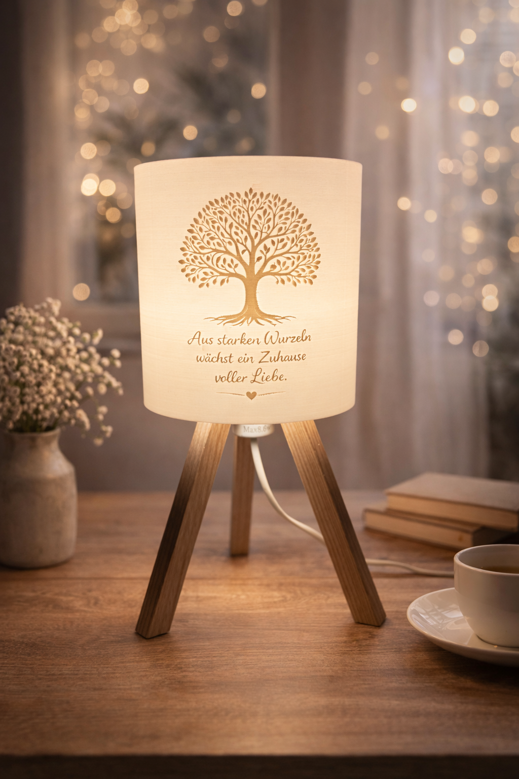 3D gedruckte Lampe mit Holzfuß „Aus starken Wurzeln wächst ein Zuhause voller Liebe.“